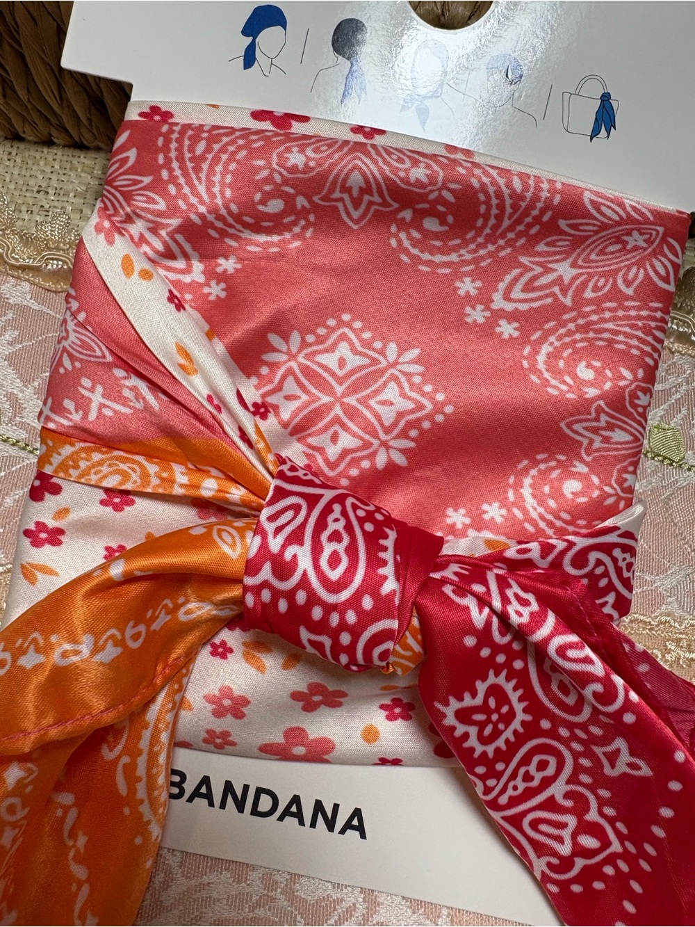 NWT Satin Feel Paisley Floral Bandana Scarf Pink Coral Orange One Size